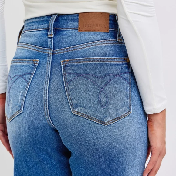 Judy Blue High-Rise Torn Boyfriend Jeans Ultra Wide Leg Cuff Raw Hem Denim Pants - Picture 12 of 16